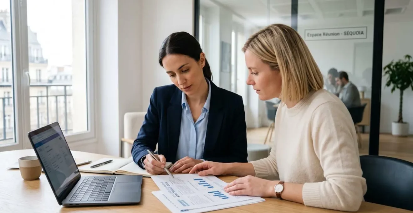 Deux professionnels en discussion autour d'une tablette dans un bureau moderne, focus sur les mains pointant un document, lumière naturelle