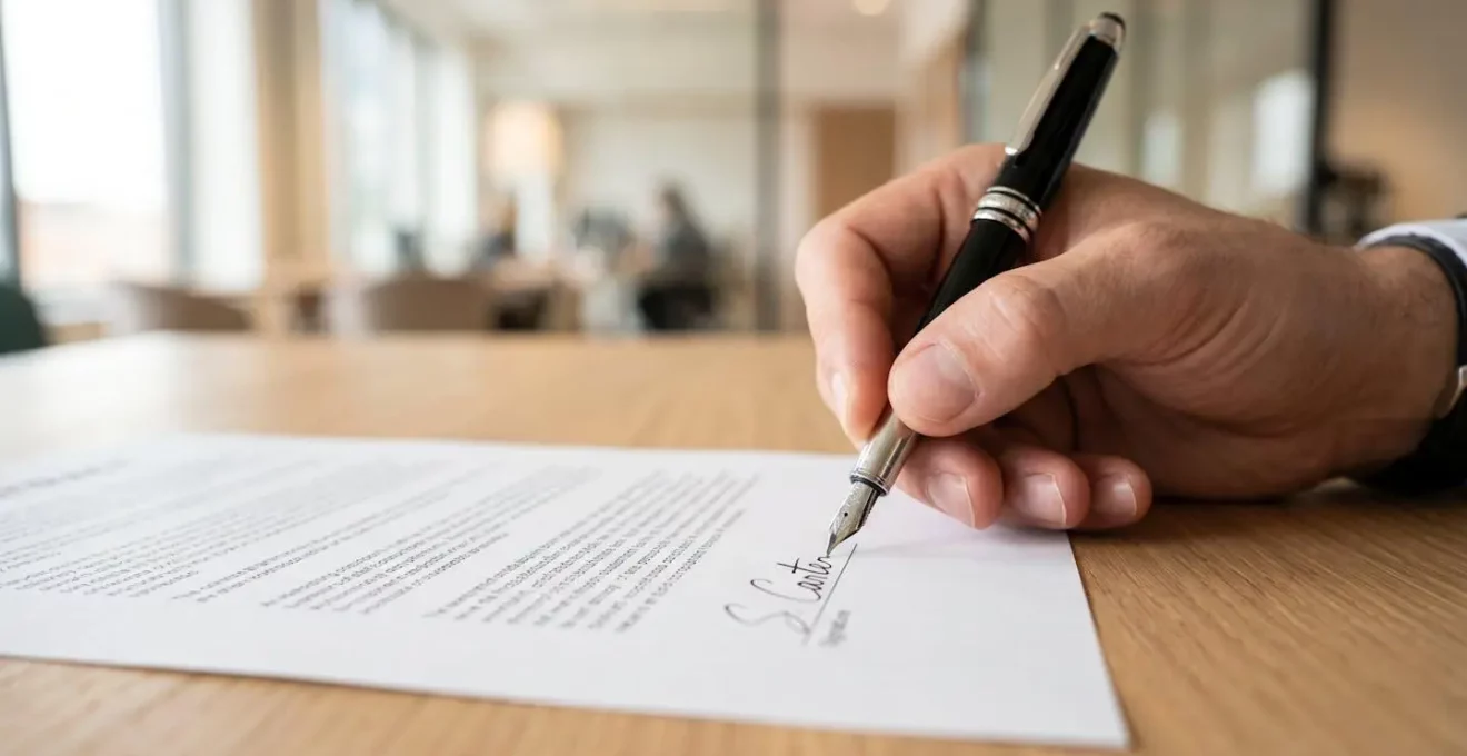 Gros plan sur une main signant un document contractuel avec un stylo moderne, mise au point nette sur la signature