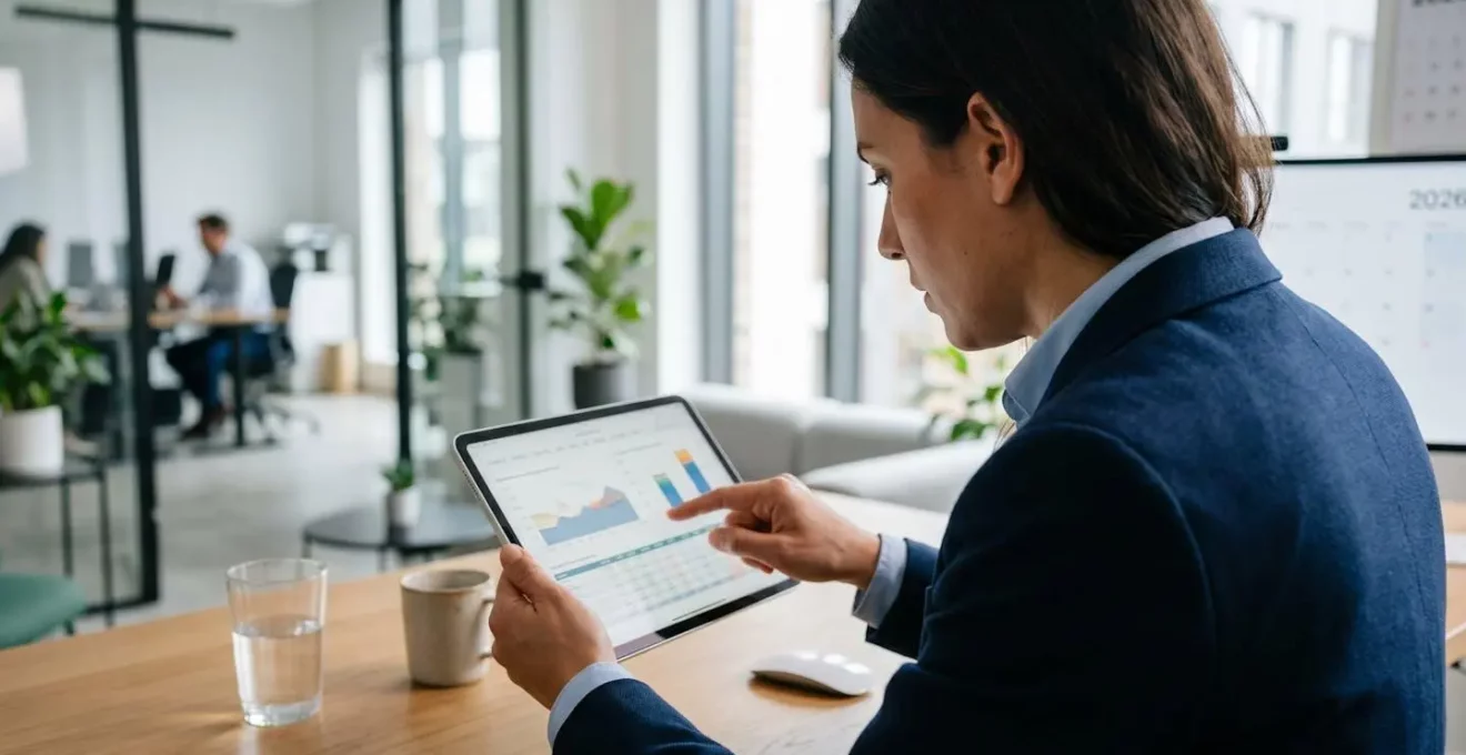Professionnel de profil consultant des documents budgétaires sur une tablette dans un bureau lumineux, geste naturel de réflexion
