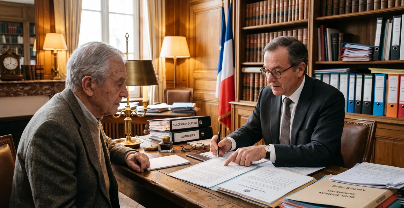 Un notaire explique une clause de transmission à un homme âgé dans son étude.