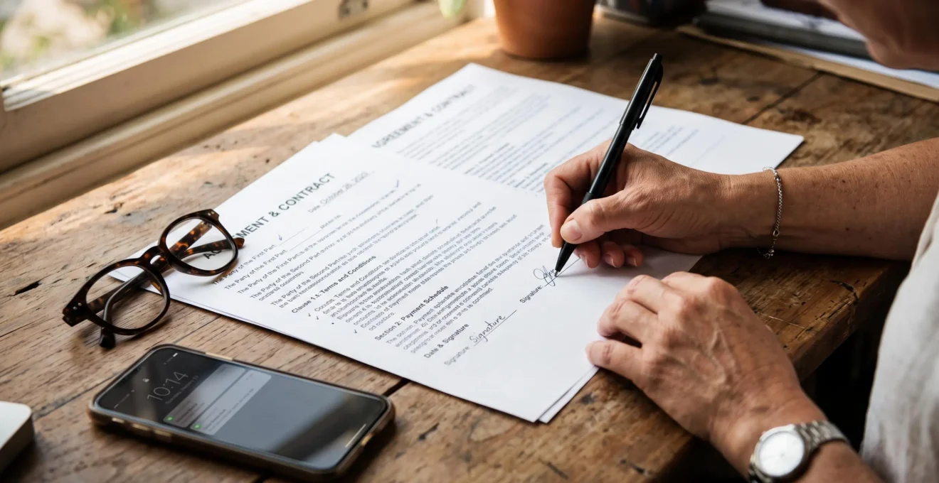 Des mains signent un contrat d'assurance vie posé sur un bureau en bois.